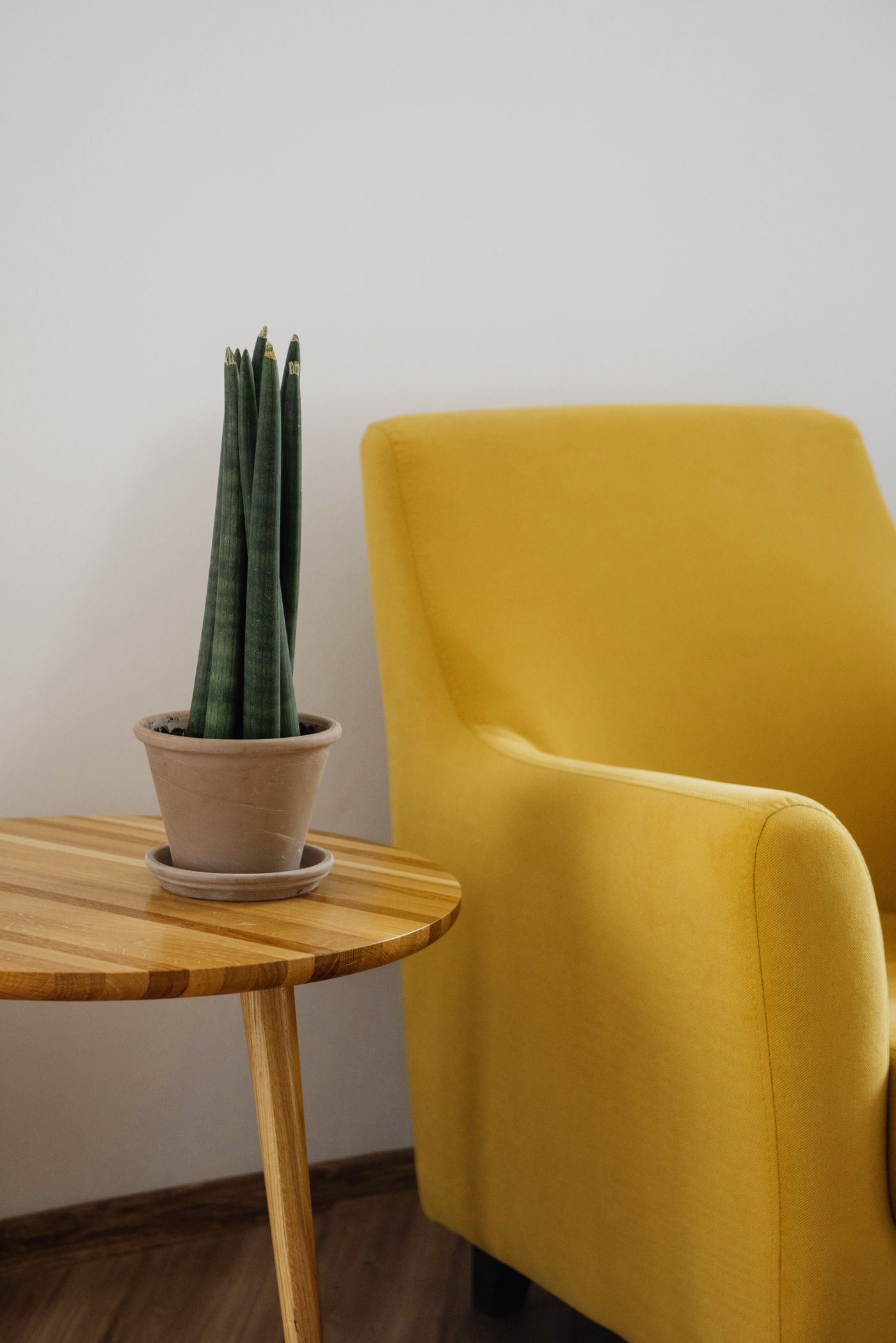 Modern living room with wooden furniture and a yellow armchair — Fjord & Pine project